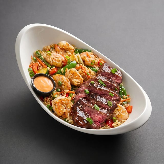 Beef and Shrimp Rice Plate.