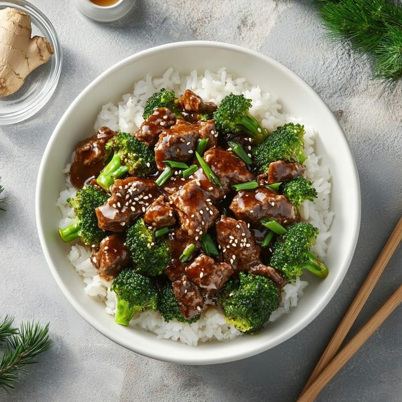 Beef and broccoli stir-fry with white rice, garnished with sesame seeds and green onions.