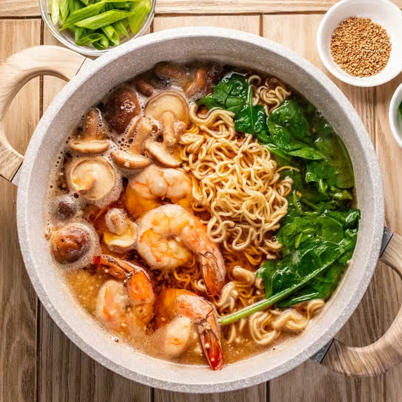 Shrimp ramen with mushrooms and spinach in a light gray pot on a wooden table.